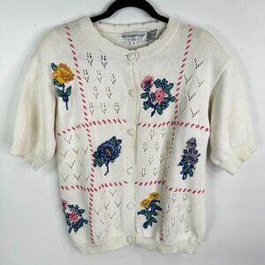 the eagle's eye Women's Short Sleeve Floral Button Down Sweater Jacket Size M